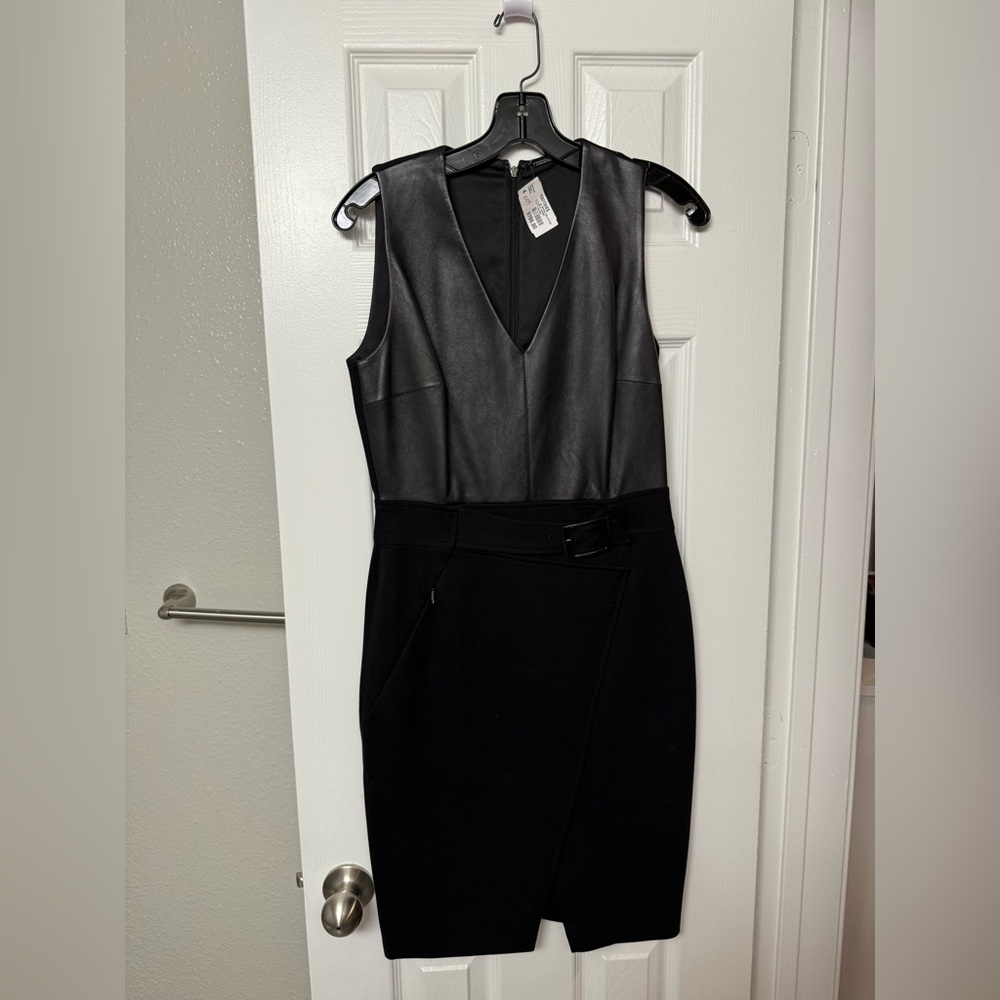 Elie Tahari Black Leather Panel Midi Dress